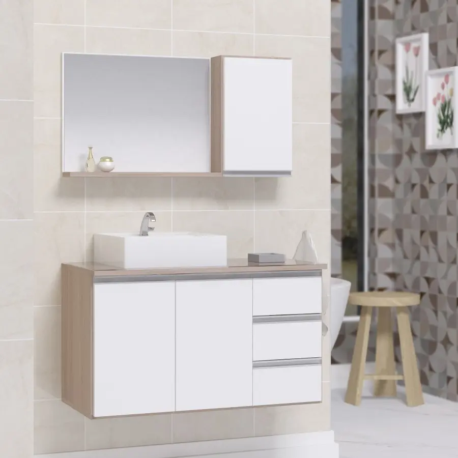 Conjunto Gabinete Banheiro integral Prisma 0.80m Móvel Madeirado/branco